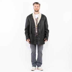 90s Vintage Black Sheepskin Coat, Size L Men Sheepskin Coat, Black Leather Coat, Old Country Sheepskin Coat, Mens Clothing, Americana Style