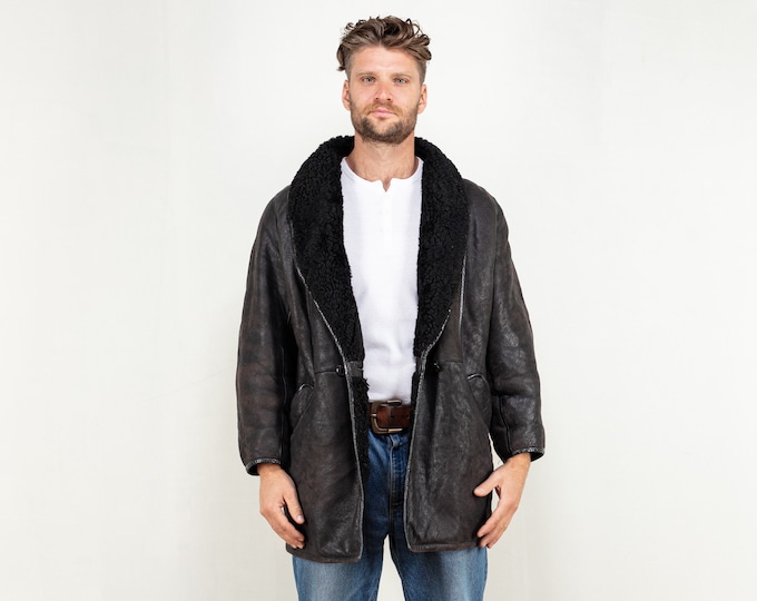 Men Sheepskin Coat 80's vintage black shearling outerwear cowboy shearl suede casual boho western sustainable oversized overcoat size large