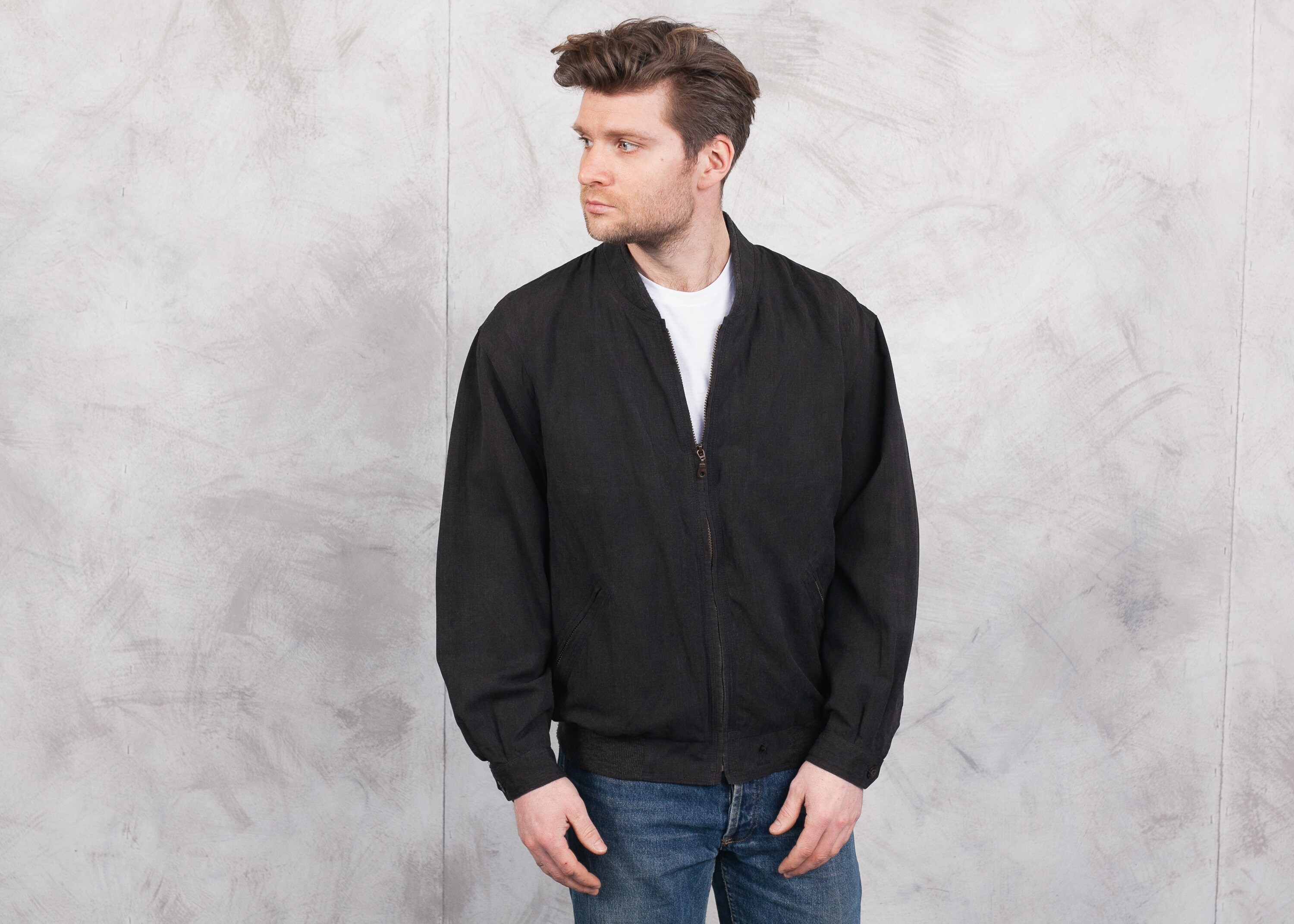 Vintage Bomber Jacket . Men Black Bomber Jacket 80s 90s