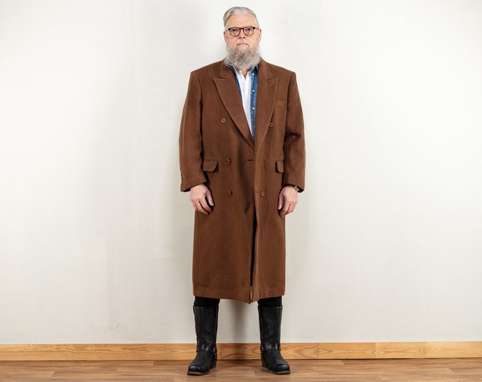 Wool Coat Men 70s vintage brown long double breasted pure wool overcoat warm winter outerwear streetwear sustainable fashion size medium M