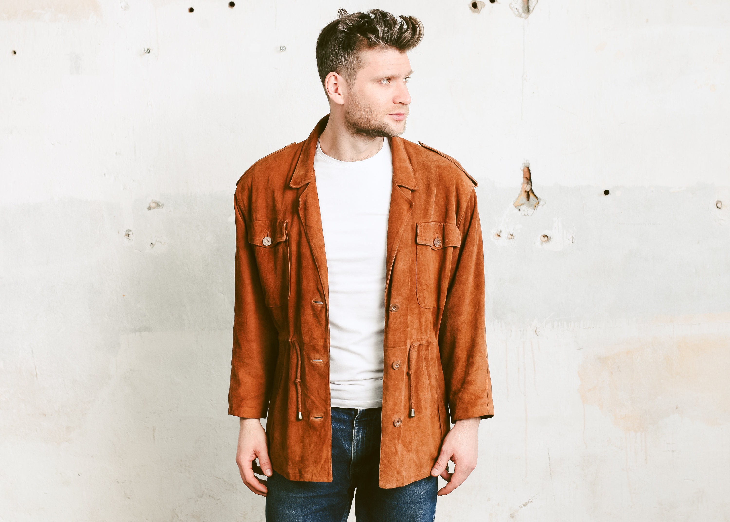 Suede Leather Parka Jacket . Mens 80s Brown Field Coat Zip Up Vintage ...