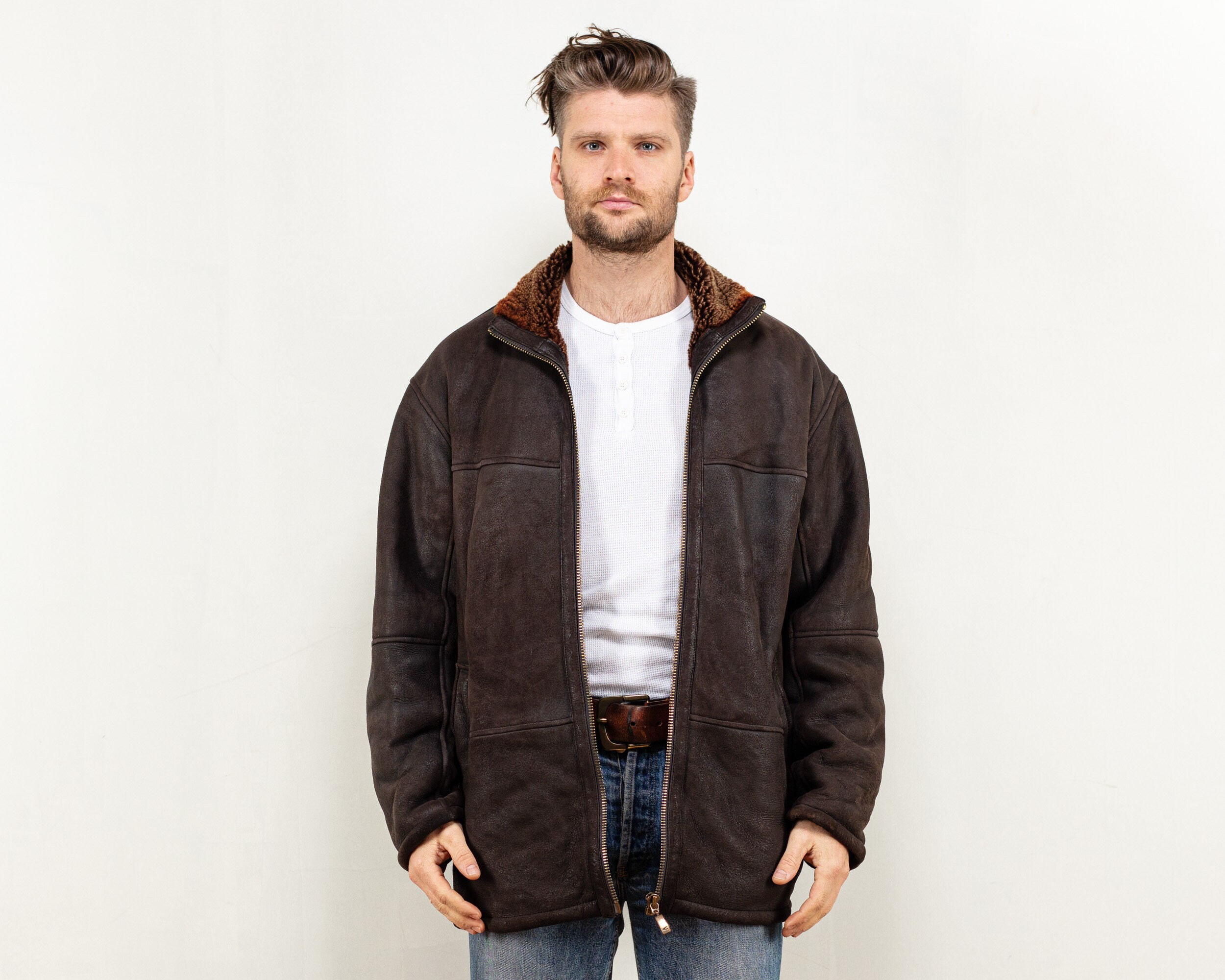 Sheepskin Leather Coat classic 90's men brown shearl leather winter overcoat boho western rdr2
