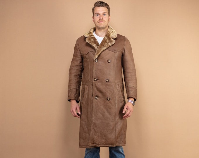 Sheepskin Long Coat, Men Size Medium Vintage 70s Sheepskin Coat, Brown Sheepskin Coat, Retro Leather Coat, Brown Coat, Winter Coat