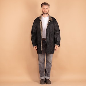 90&#39;s Black Sheepskin Coat, Size XL Vintage Shearling Coat, Retro Leather Coat, Shearling Coat, Men&#39;s Leather Coat, Pre Owned Shearling Coat