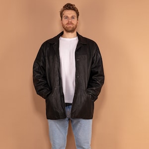 Vintage Leather Coat 90&#39;s, Size XL, Minimalist Men 90s Fashion, Retro Men&#39;s Jacket, Classic Leather Outerwear, Oversized Leather Jacket