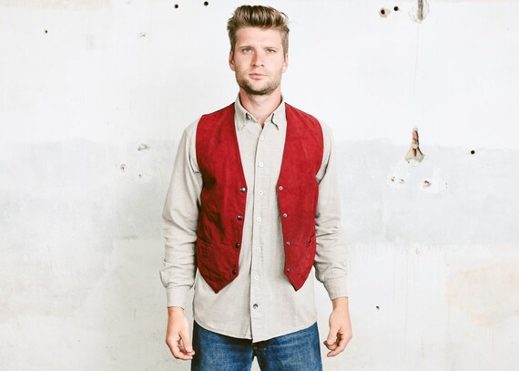 Red Suede Waistcoat Men 80s On Up Leather Vest Vintage - Red Leather Vest Mens Red Suede Waistcoat Men 80s On Up Leather Vest Vintage - Red Leather Vest Mens