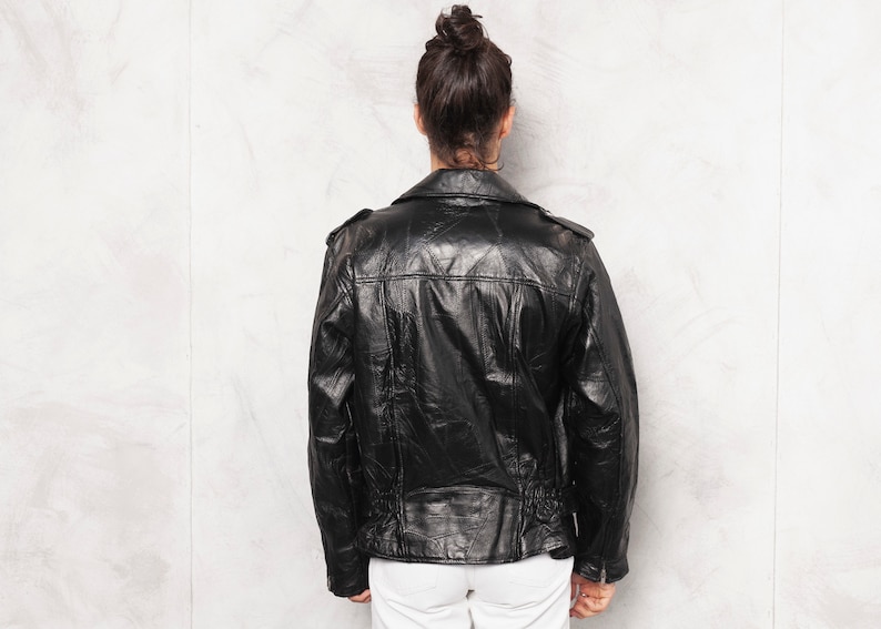 Patchwork Biker Jacket Side Zip Leather Vintage 90s Men Moto Jacket Punk Outerwear Unisex Rocker Jacket 1980s Punk Jacket size Small