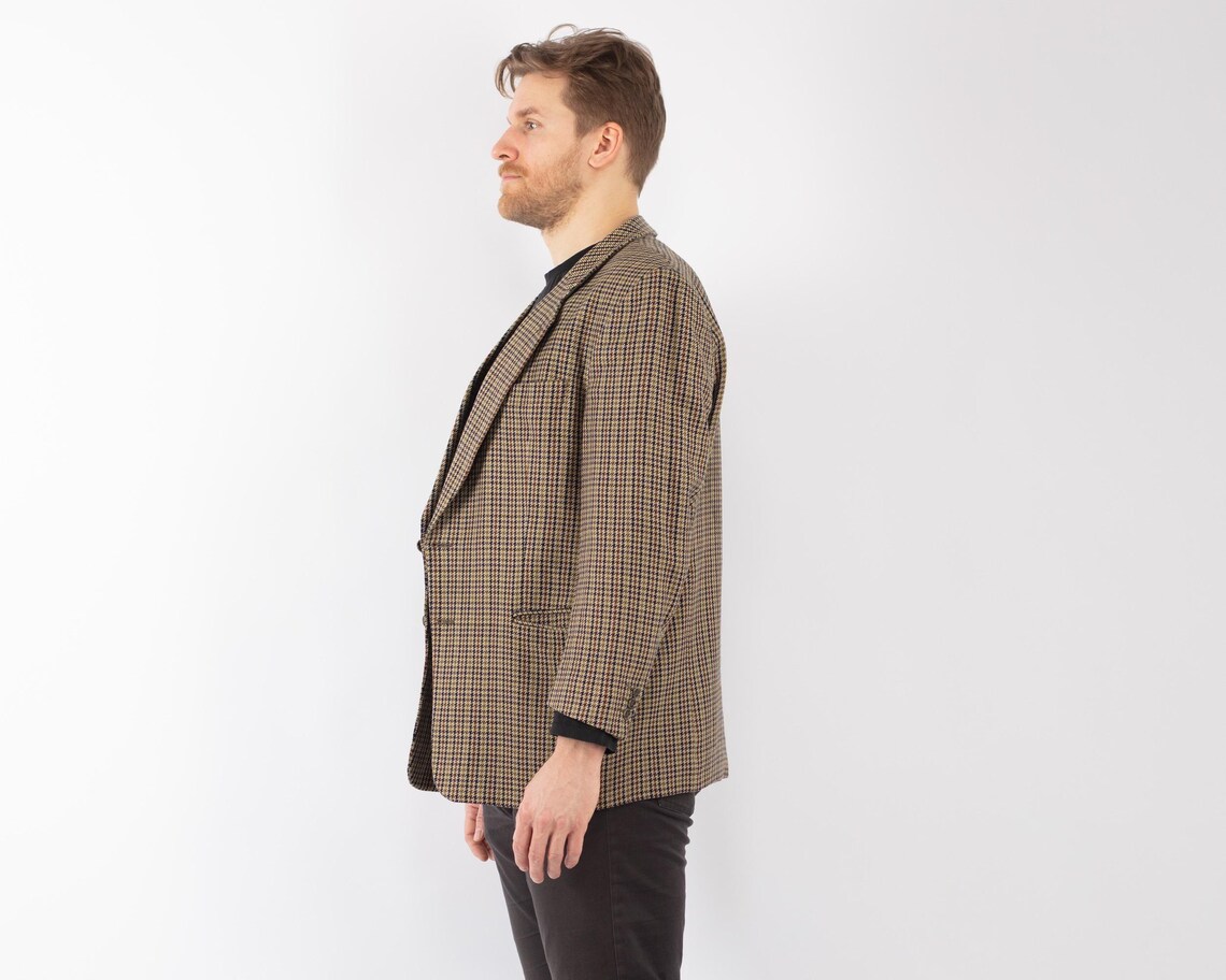1990s Beige Plaid Wool Blazer, Vintage Sport Coat, Men's Size L, foto 3 di 5