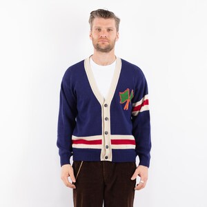 Cárdigan de lana vintage de los años 80: Talla S/M para hombre, chaqueta de punto azul