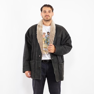 90&#39;s Black Sheepskin Coat, Size XL Sheepskin Coat, Men Shearling Coat, Retro Leather Coat, Black Ranch Coat, Mens Clothing, BetaMenswear