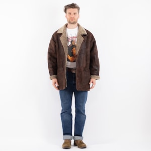 90&#39;s Brown Men&#39;s Sheepskin Coat, Size L Vintage Shearling Coat, Retro Leather Coat, Men Leather Coat, Rugged Western Sheep Coat