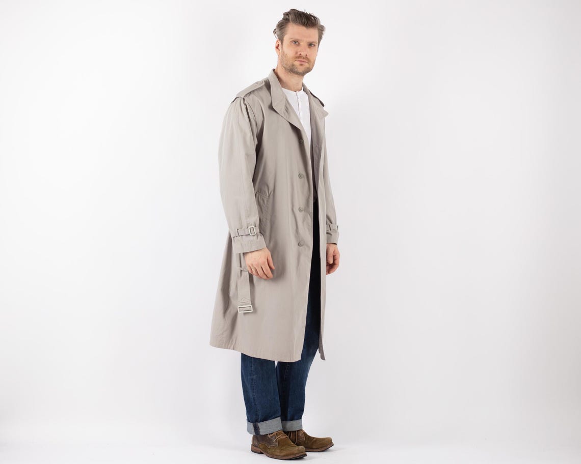 70s Vintage Gray Cotton Blend Trench Coat, Men's Size L, foto 2 di 5