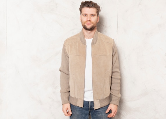 Beige Bomber Jacket Suede Vintage 80s Men's Leathe