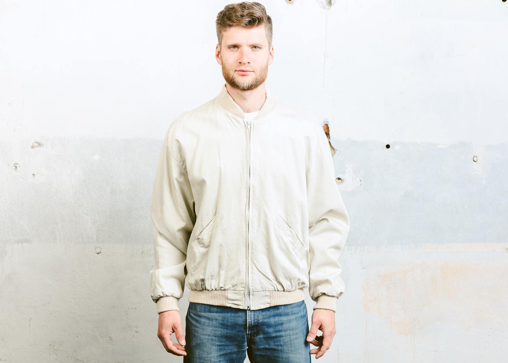 Beige Bomber Jacket . Men's Coat Vintage 80s Jacket Outerwear Flight ...