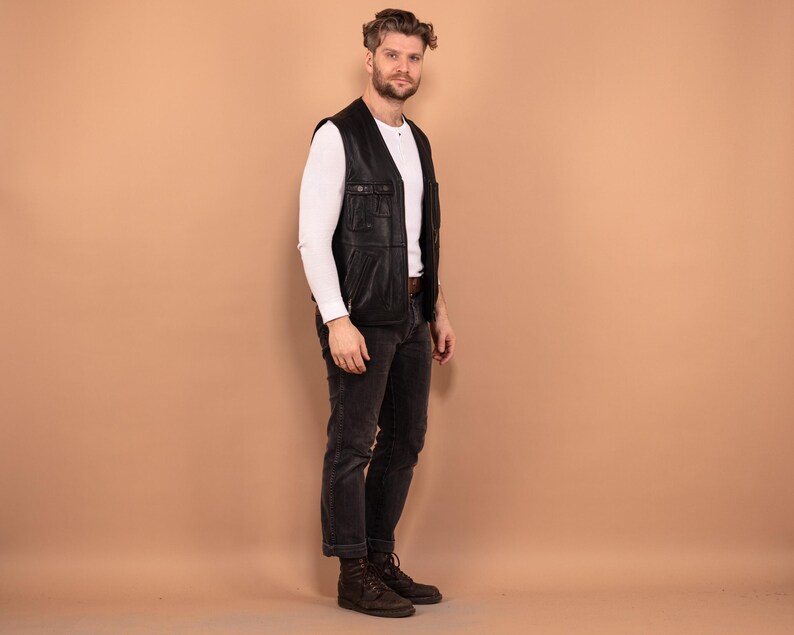 Black Leather Vest, Size Medium M Vest, Men Biker Vest, Vintage Leather