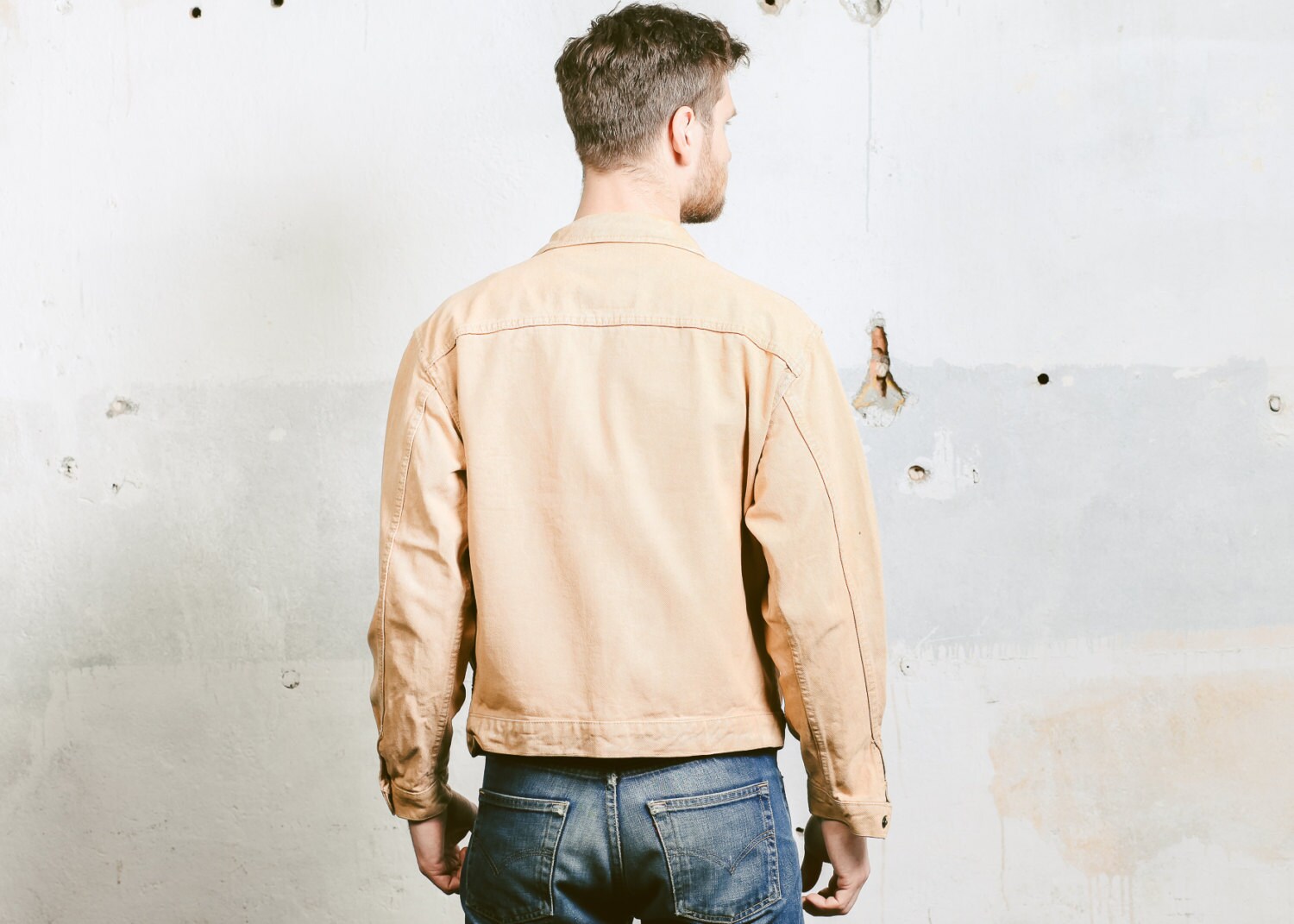 Vintage Biker Style Denim Jacket for Men . Vintage 70s Moto Jacket Men