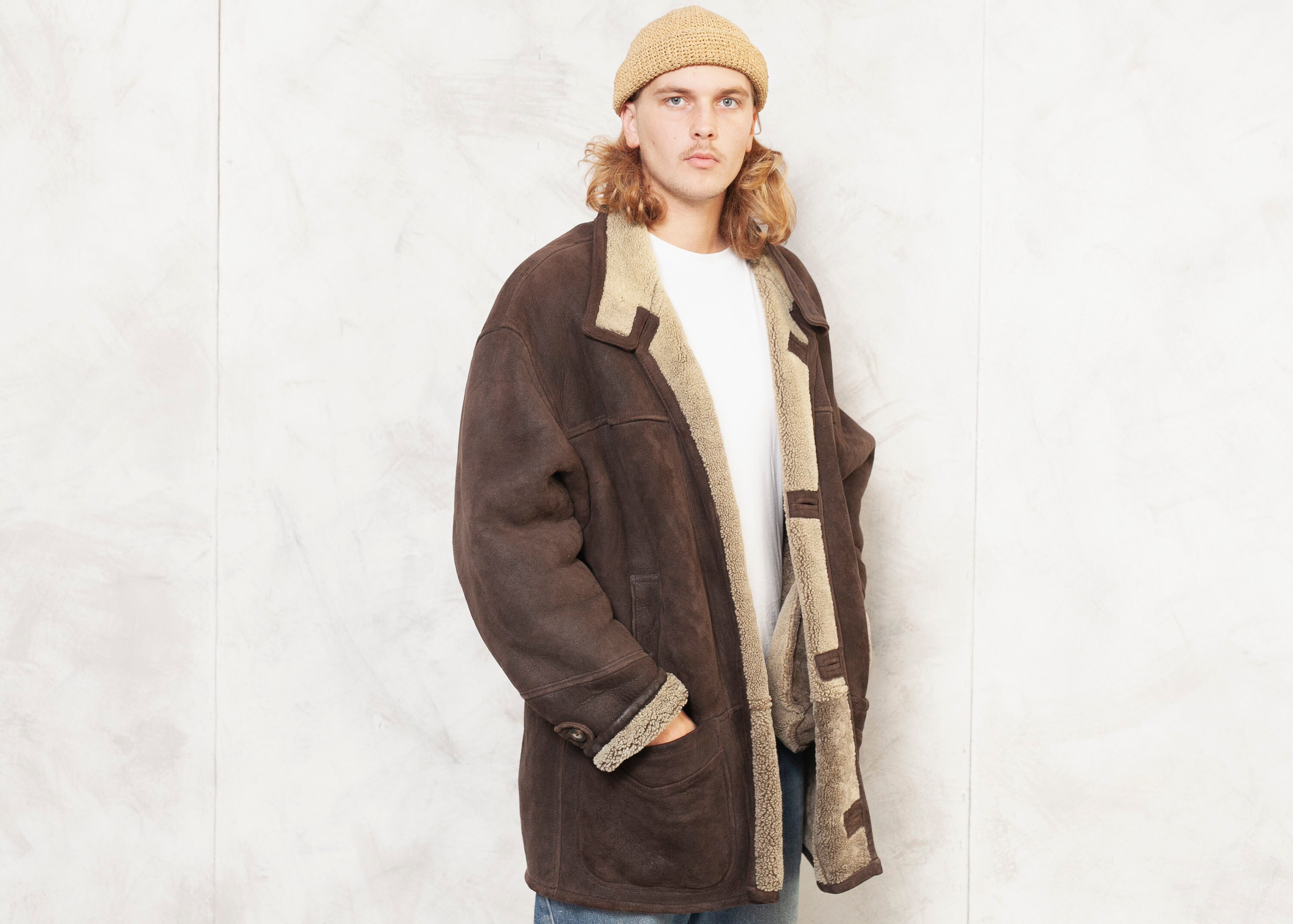 Thick Sheepskin Coat Vintage 80s Winter Shearling Coat Man Clothing ...