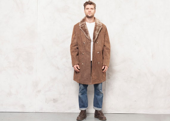 70's Suede Coat Men Vintage Shearling Coat Men Fau