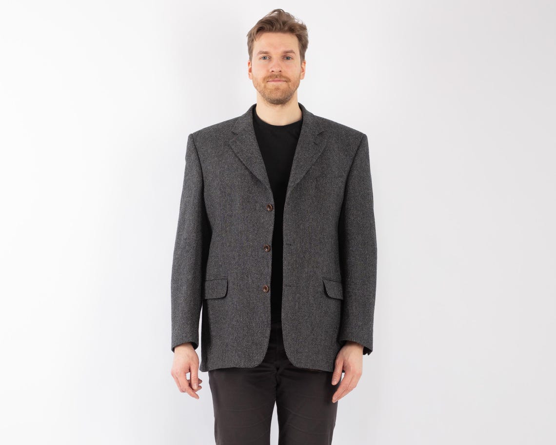 90s Vintage Gray Wool Blazer, Retro Sport Coat, Men's Size L/XL, foto 1 di 5