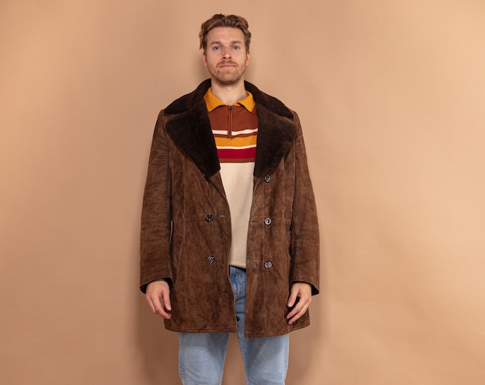 Men Suede Sherpa Coat 90s, Size Large, Vintage Double Breasted Autumn Coat, Men Brown Faux Sheepskin Coat, Fall Outerwear