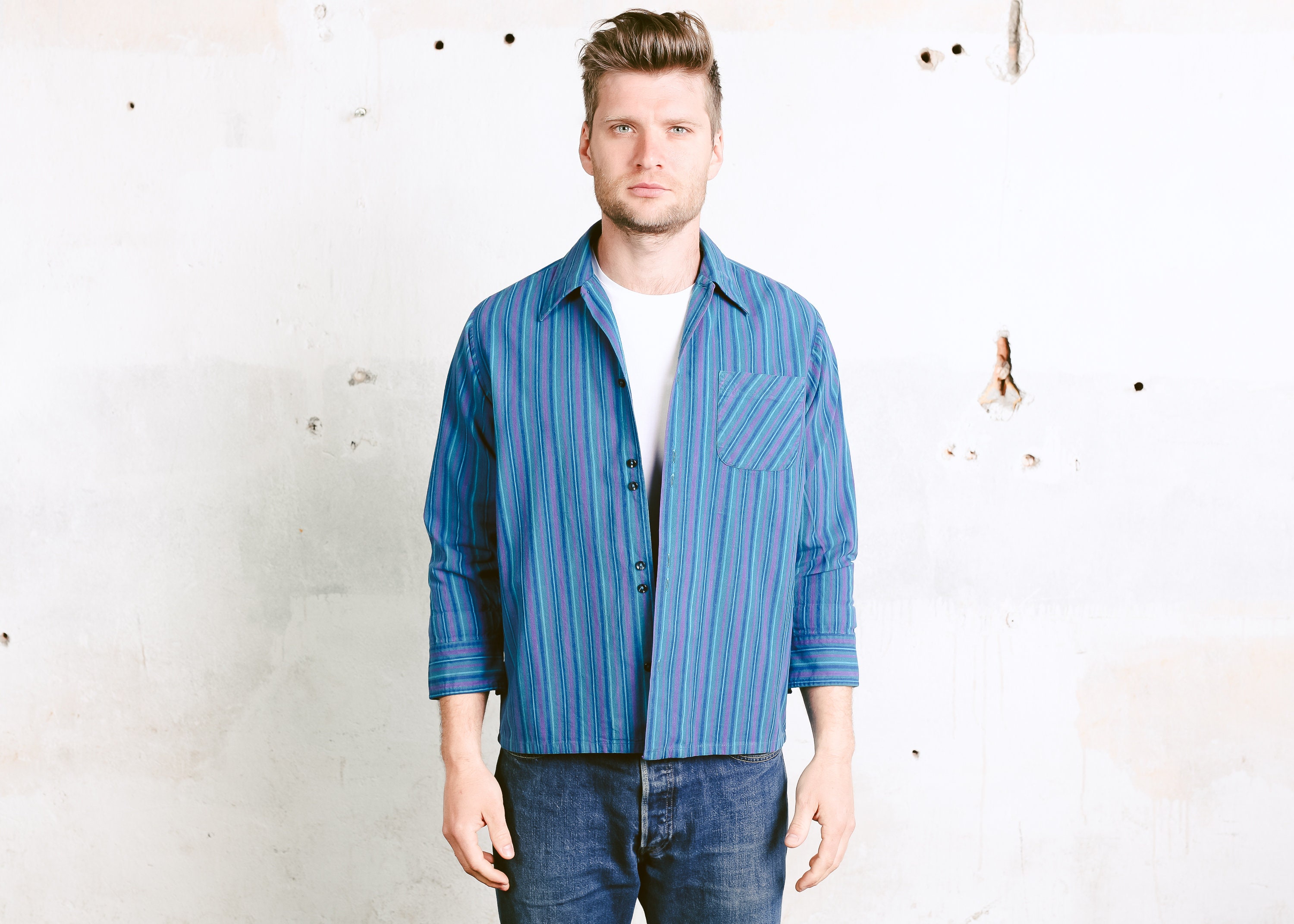 80s Vertical Stripe Shirt . Vintage Men Shirt Casual Shirt Cotton ...