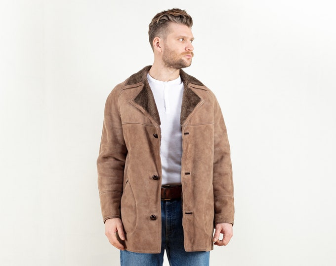 Brown Suede Sheepskin Coat men shearling vintage 70's coat western coat shearling mens coat winter overcoat vintage clothing size medium