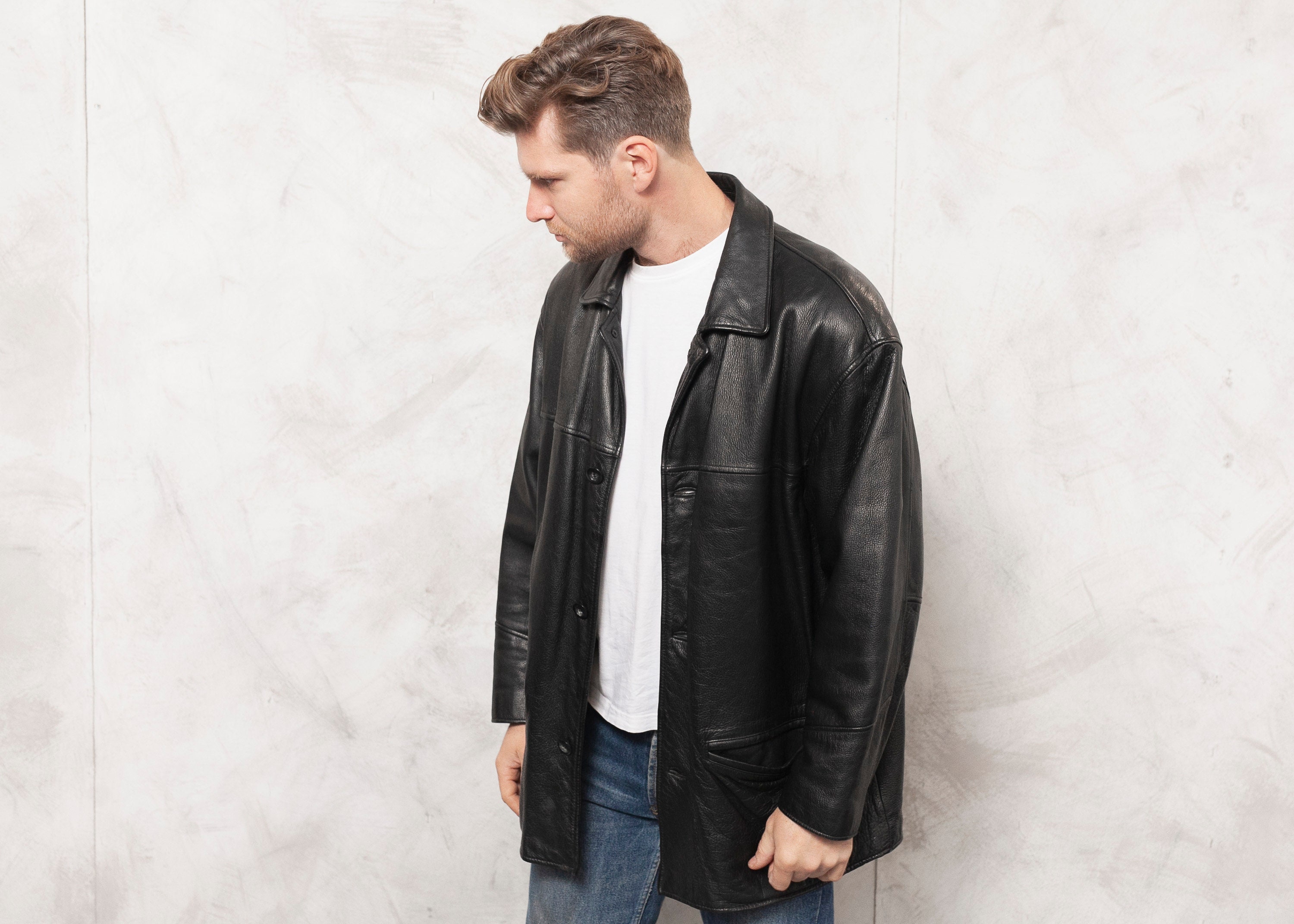 Black Leather Coat 90s Vintage Men's Black Leather Jacket Men Overcoat