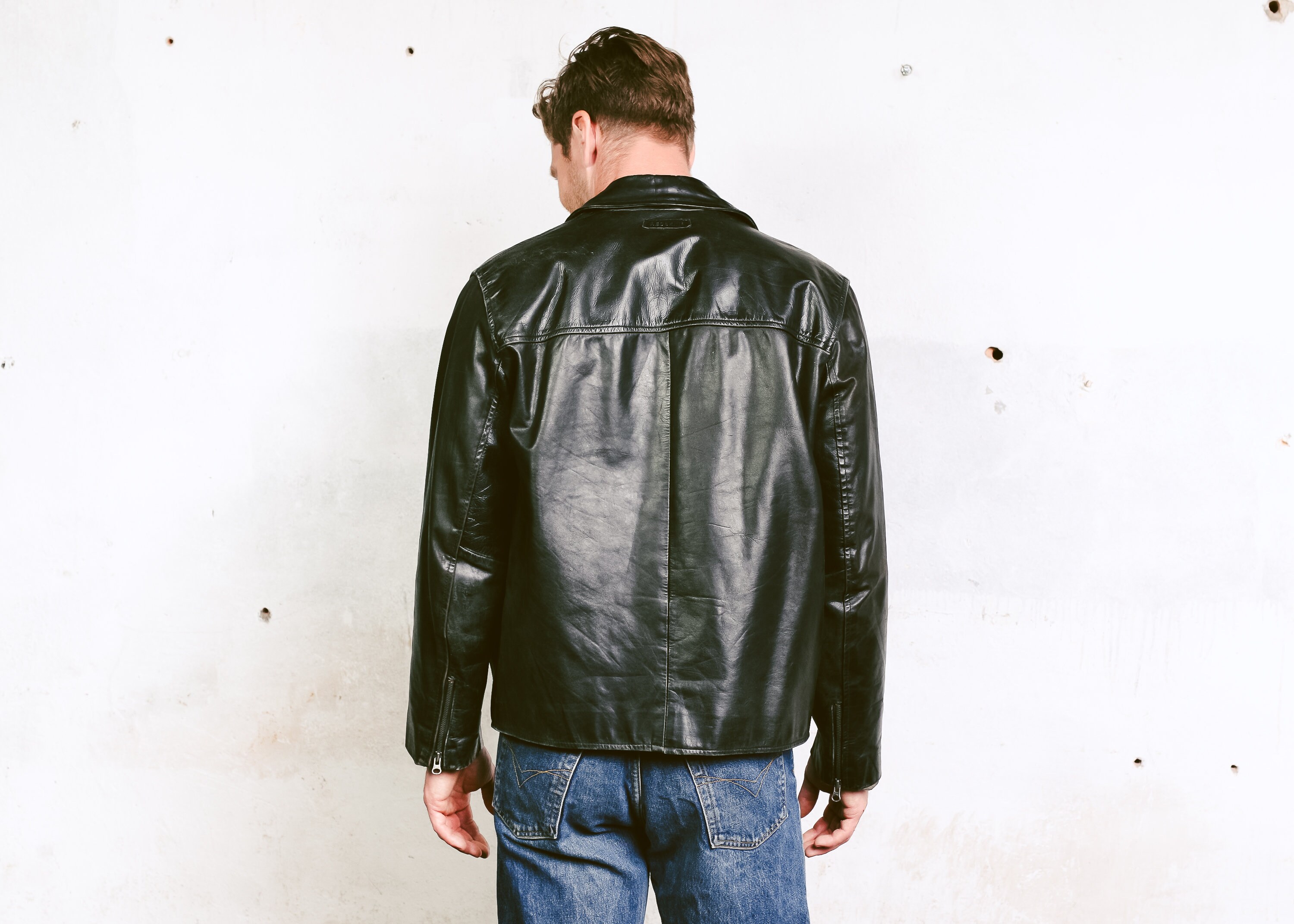 Vintage Black Leather Jacket . Men's 90s Jacket Black Punk Rock 90s ...