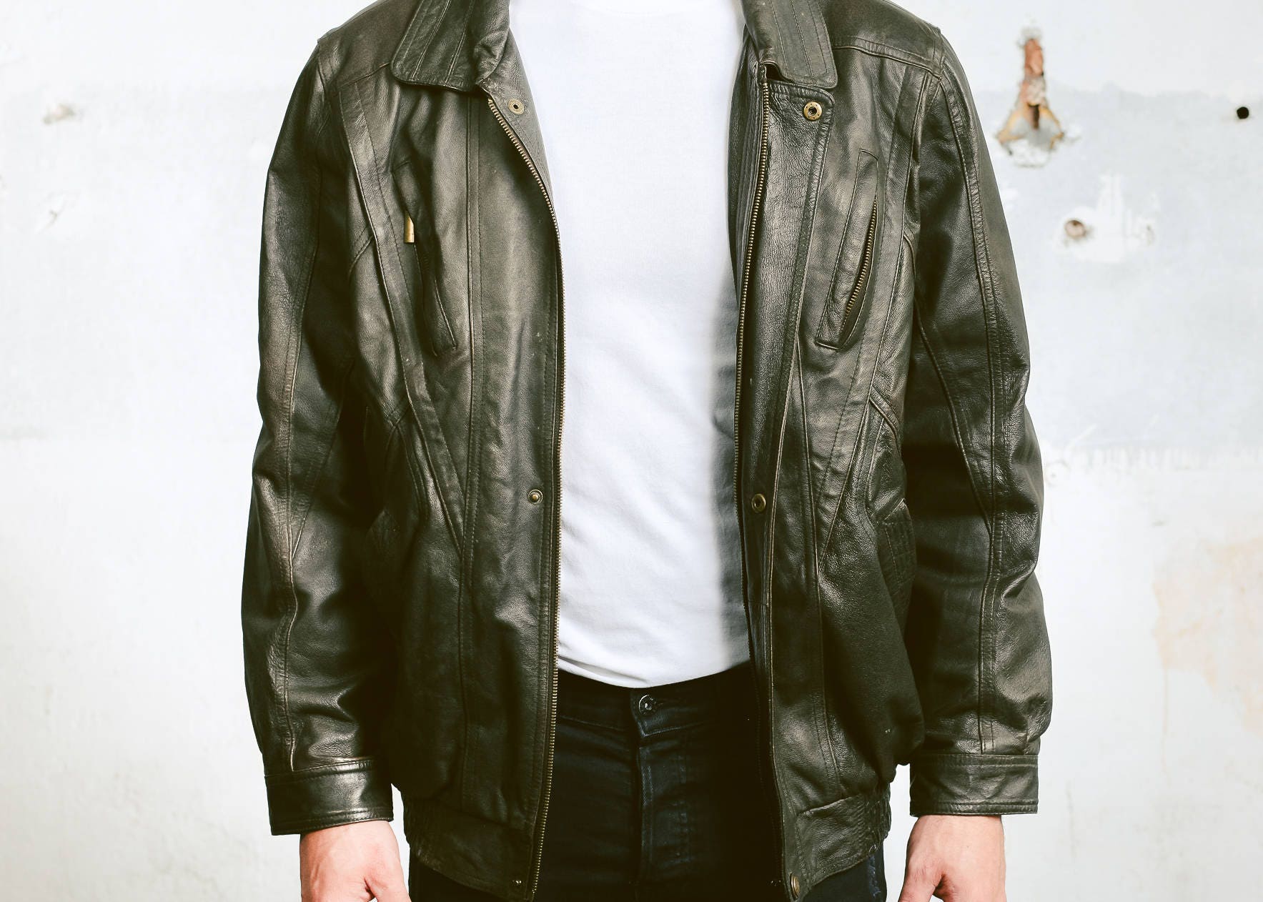 Men Leather Bomber Jacket . Vintage 80s Flight Aviator Jacket Brown ...