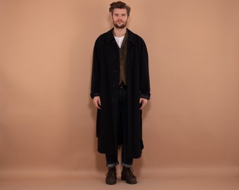 Wool and Cashmere Overcoat 80's, Size XXL, Vintage Greatcoat, Navy Blue Wool Blend Coat, Belted Maxi Coat, Long Oversized Coat, Outerwear