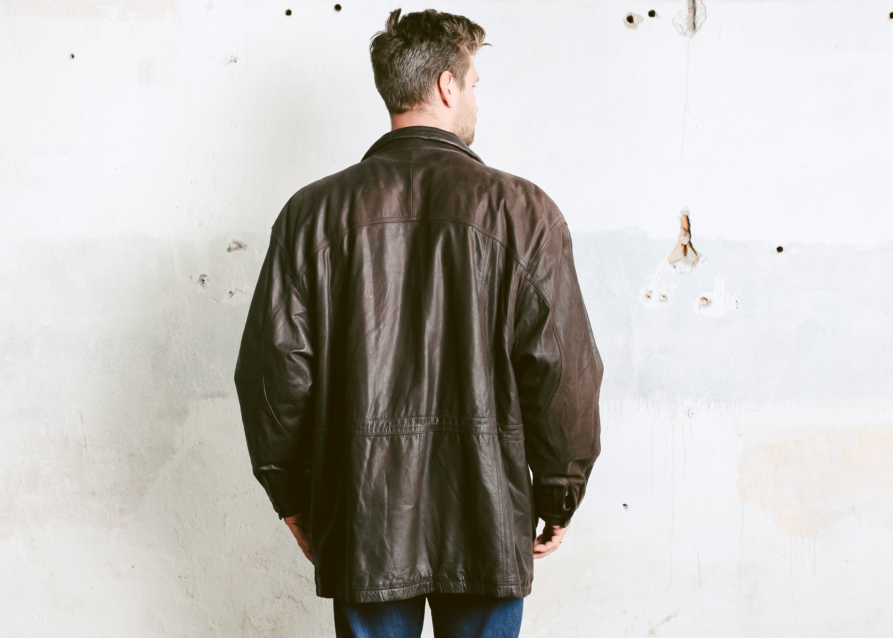 Men's Leather Parka Coat . Oversized Jacket Dark Brown Coat Vintage ...