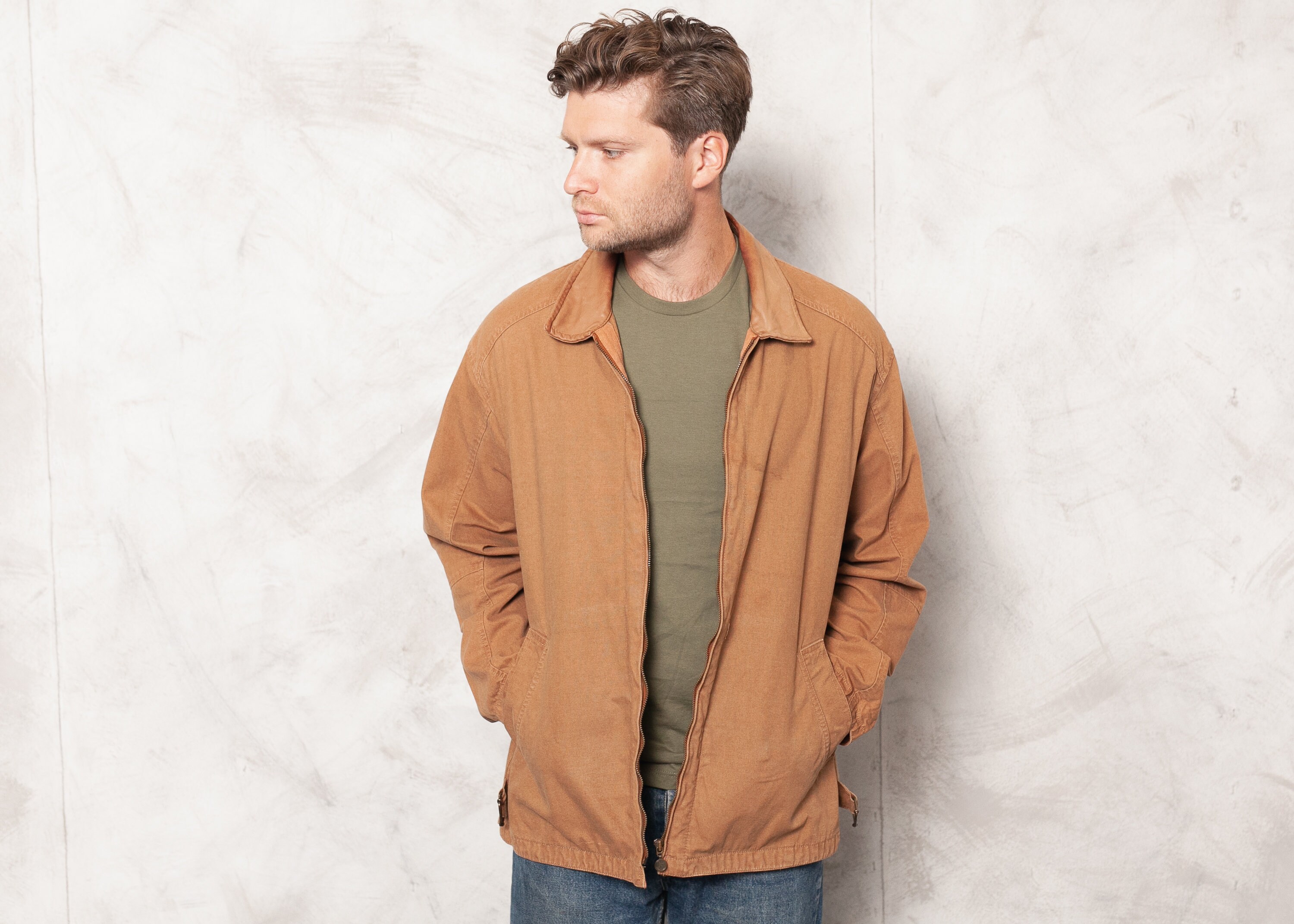 Brown Cotton Jacket Vintage 90s Autumn Jacket Men's Coat Outerwear Long