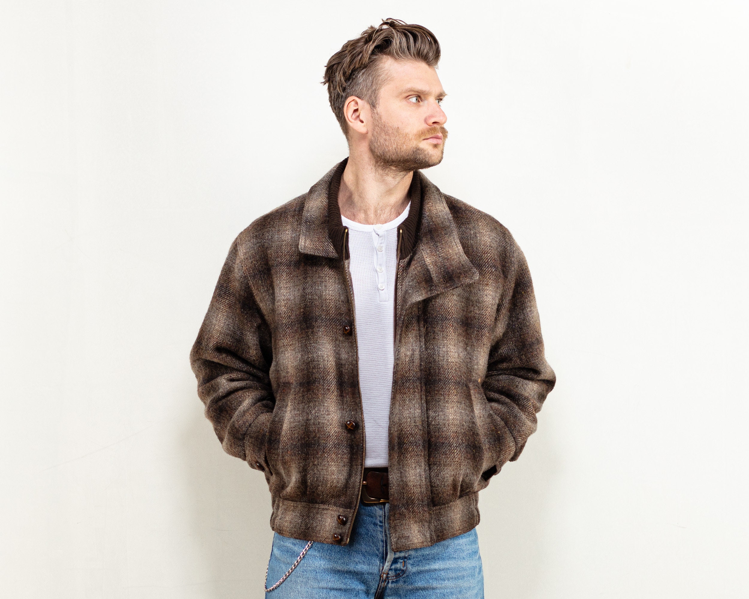 Wool Bomber Men jacket vintage 90's short brown sporty winter everyday jacket minimal short city style easy layering size extra large XL Wool Bomber Men jacket vintage 90's short brown sporty winter everyday jacket minimal short city style easy layering size extra large XL