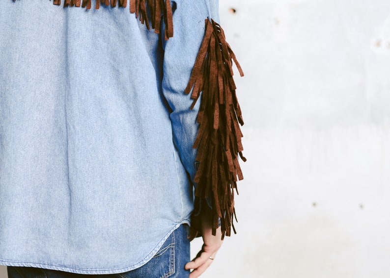 Vintage Fringe Denim Shirt size Medium M Men 80s Blue Jeans Shirt Chambray Shirt 90s Western Shirt Cowboy Shirt