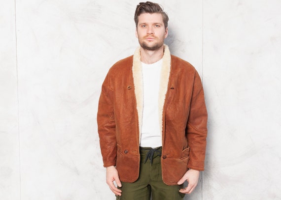 Sheepskin Jacket Vintage 70s Leather Jacket Men Ou