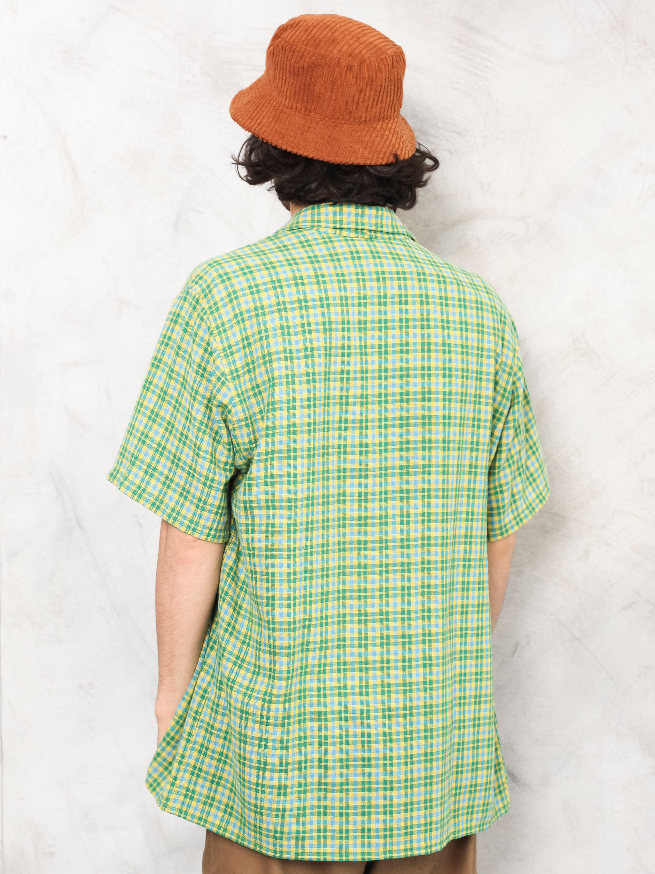 Plaid Green Shirt vintage 80s cotton summer shirt button up short ...