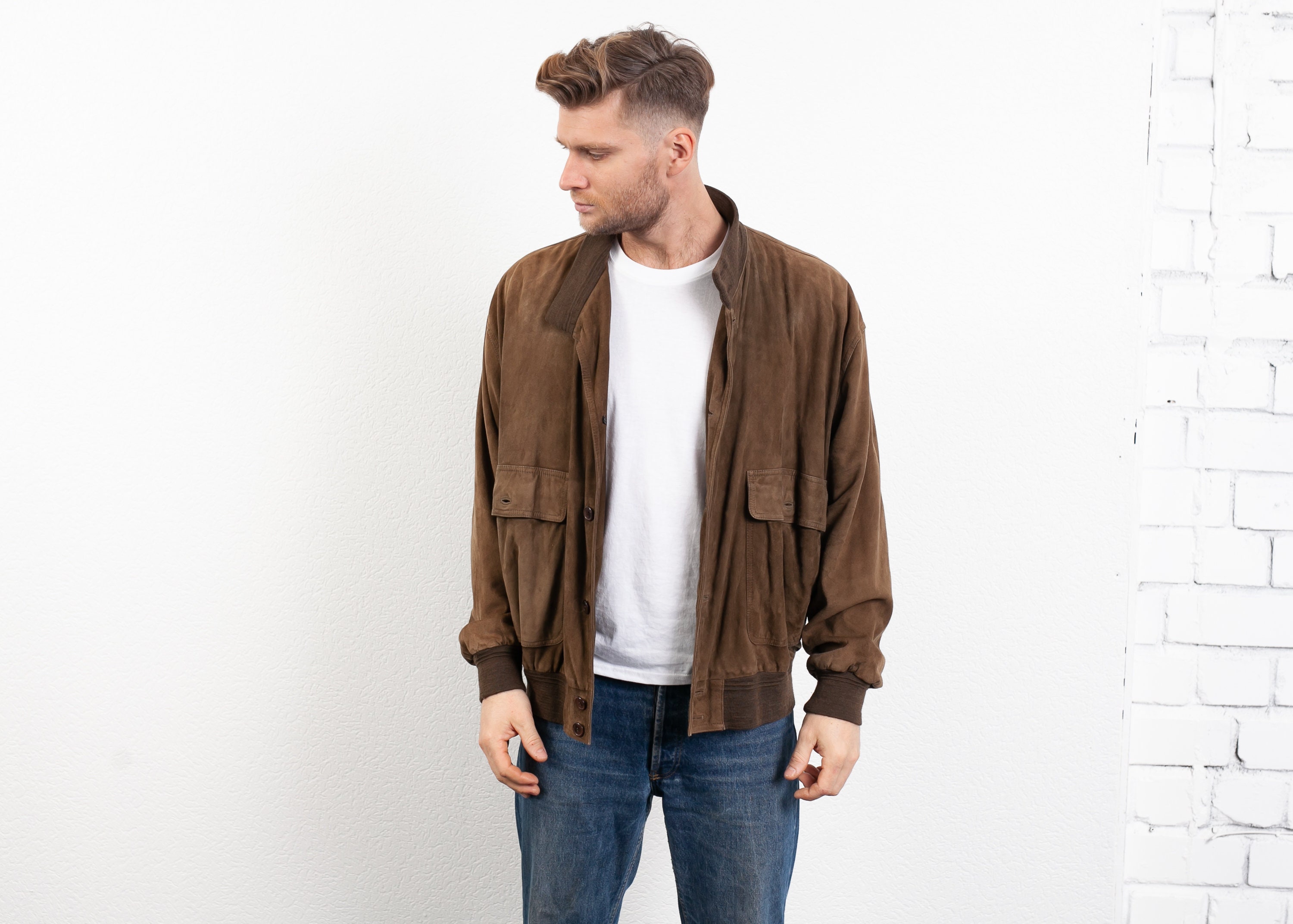 90s Velour Bomber Jacket . Vintage Velvet Zip Up Jacket Men's Faux Suede Brown Knitted Cardigan