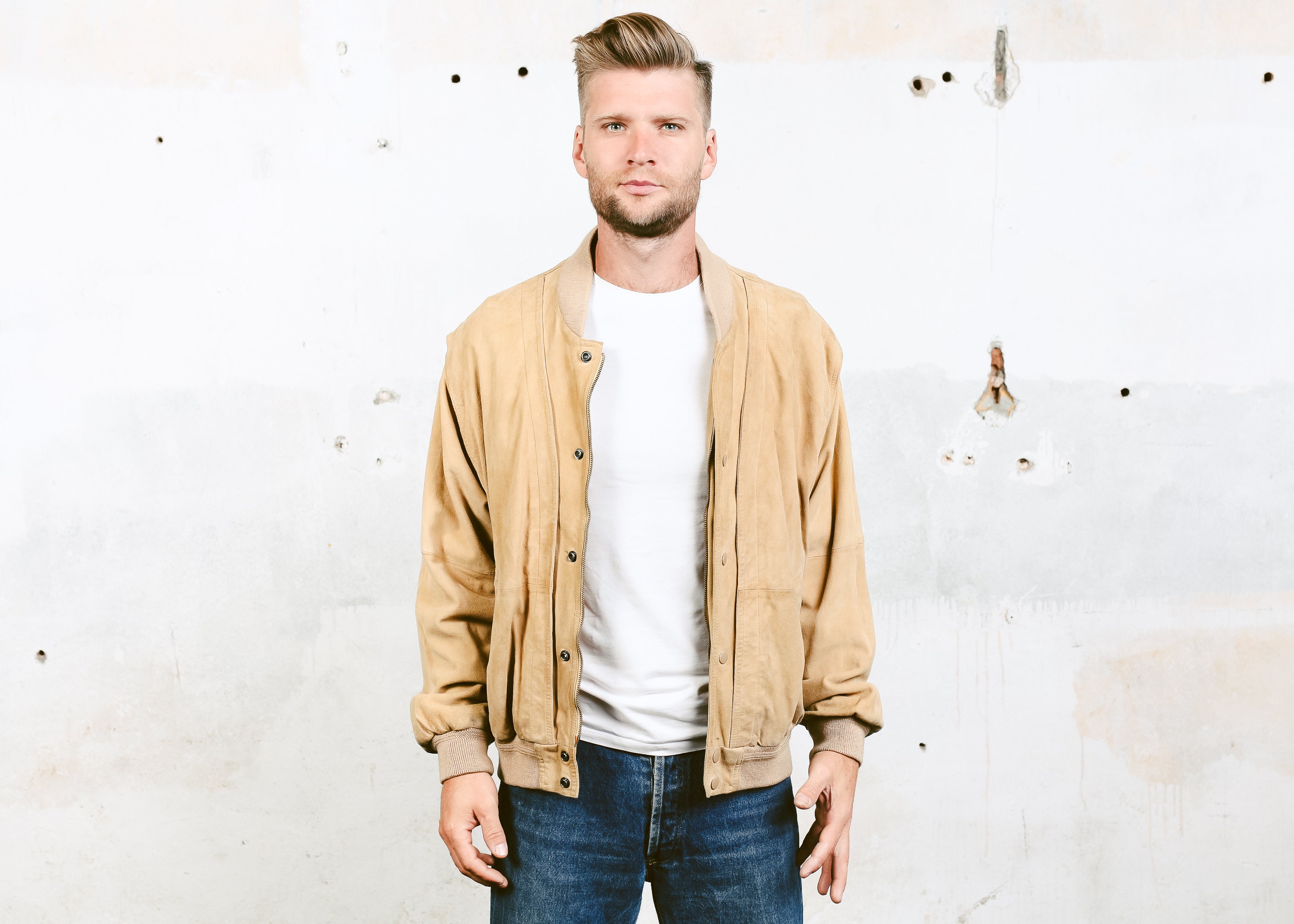 Beige Suede Bomber Jacket . Vintage Men Pilot Jacket Coat Flight ...