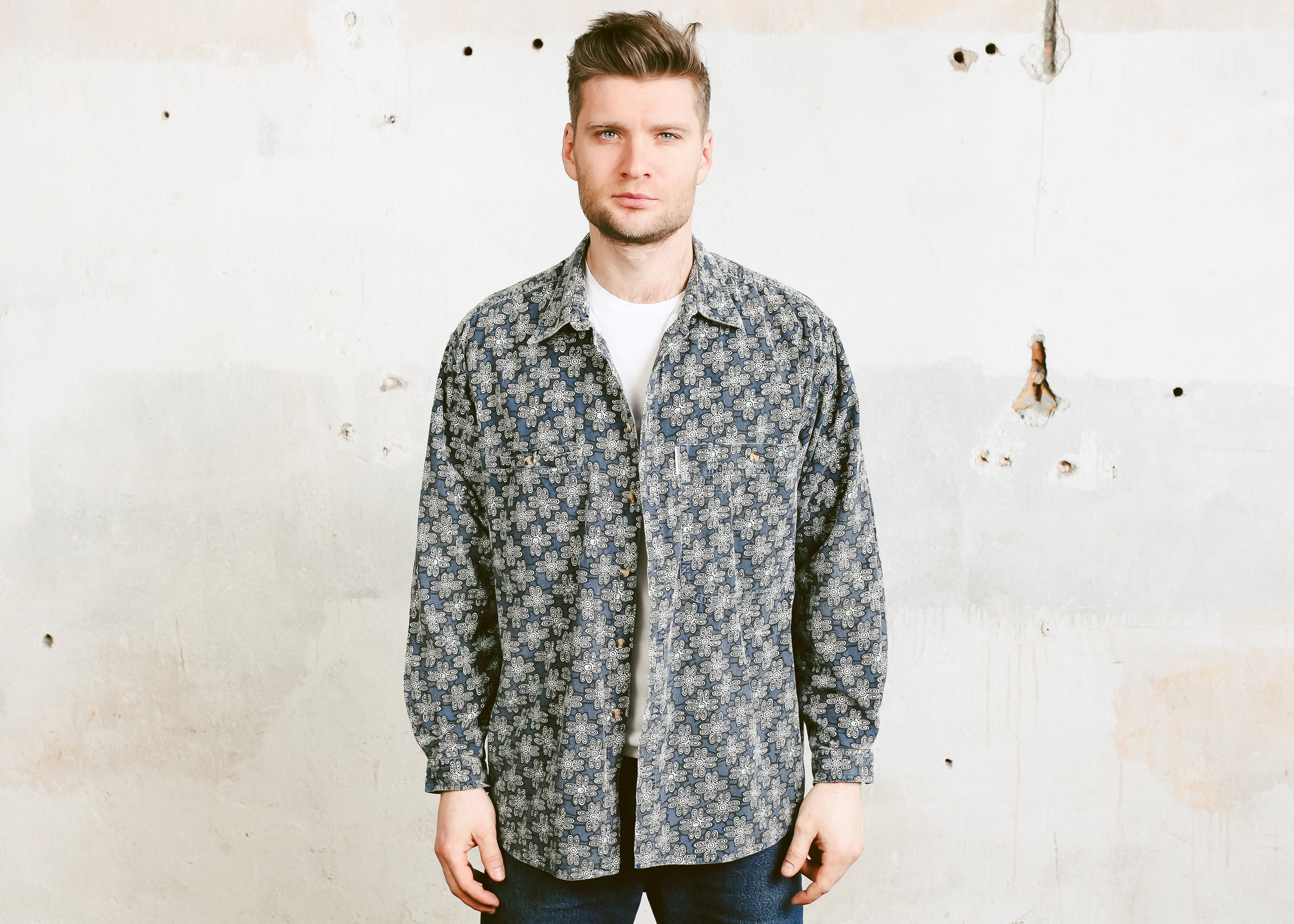 Vintage Printed Cotton Shirt . Men's Patterned Button Up 90s Grunge ...