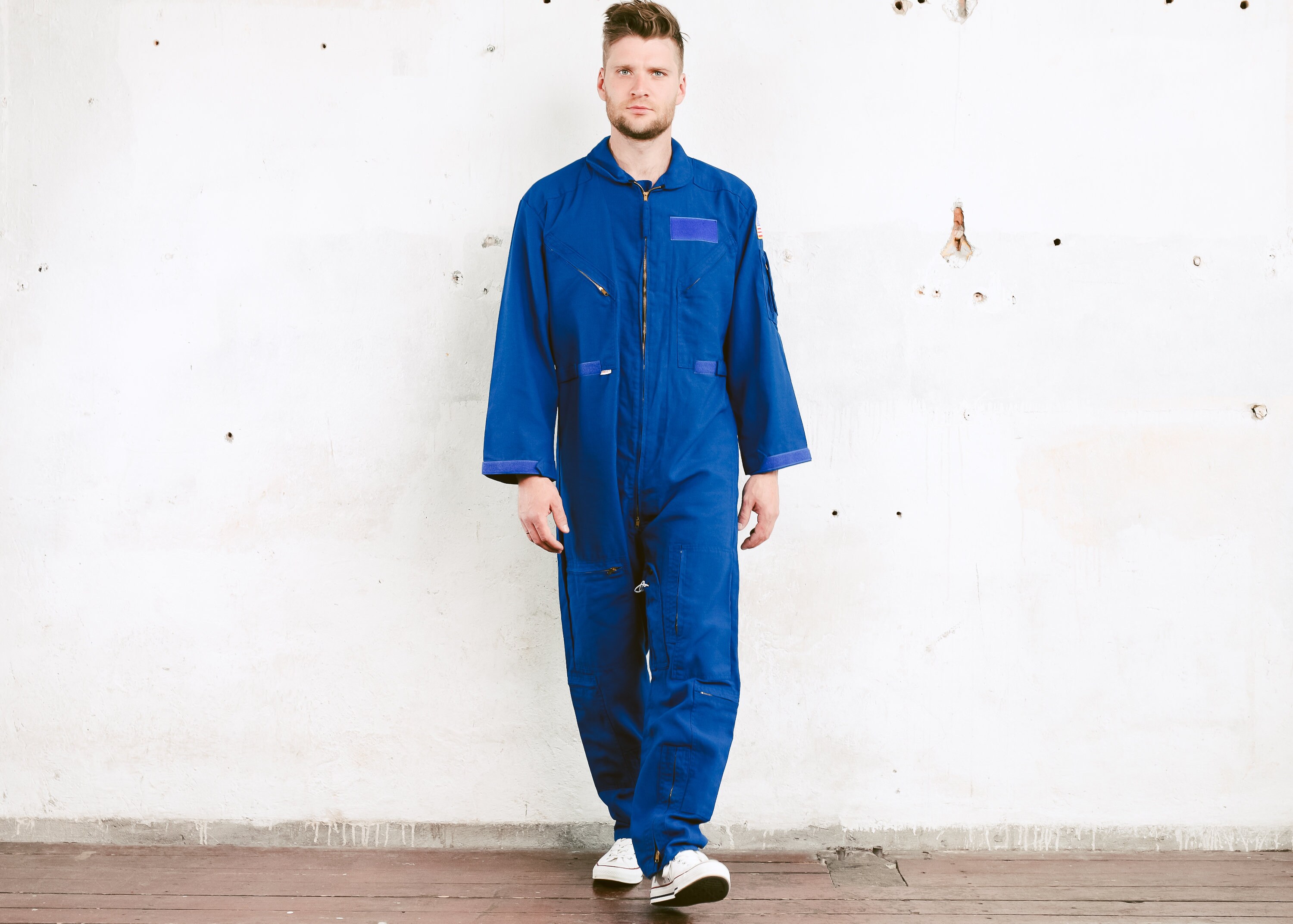 Vintage Blue USA Army Work Jumpsuit . Men Overalls Blue 1990s Garage