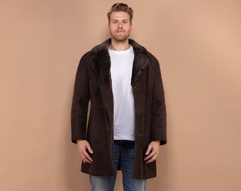 Cappotto da uomo in pelle di pecora, Cappotto in shearling vintage anni '70 di taglia media M, Cappotto in pelle di pecora marrone, Cappotto Chic retrò, Cappotto in pelliccia marrone, Cappotto da cowboy