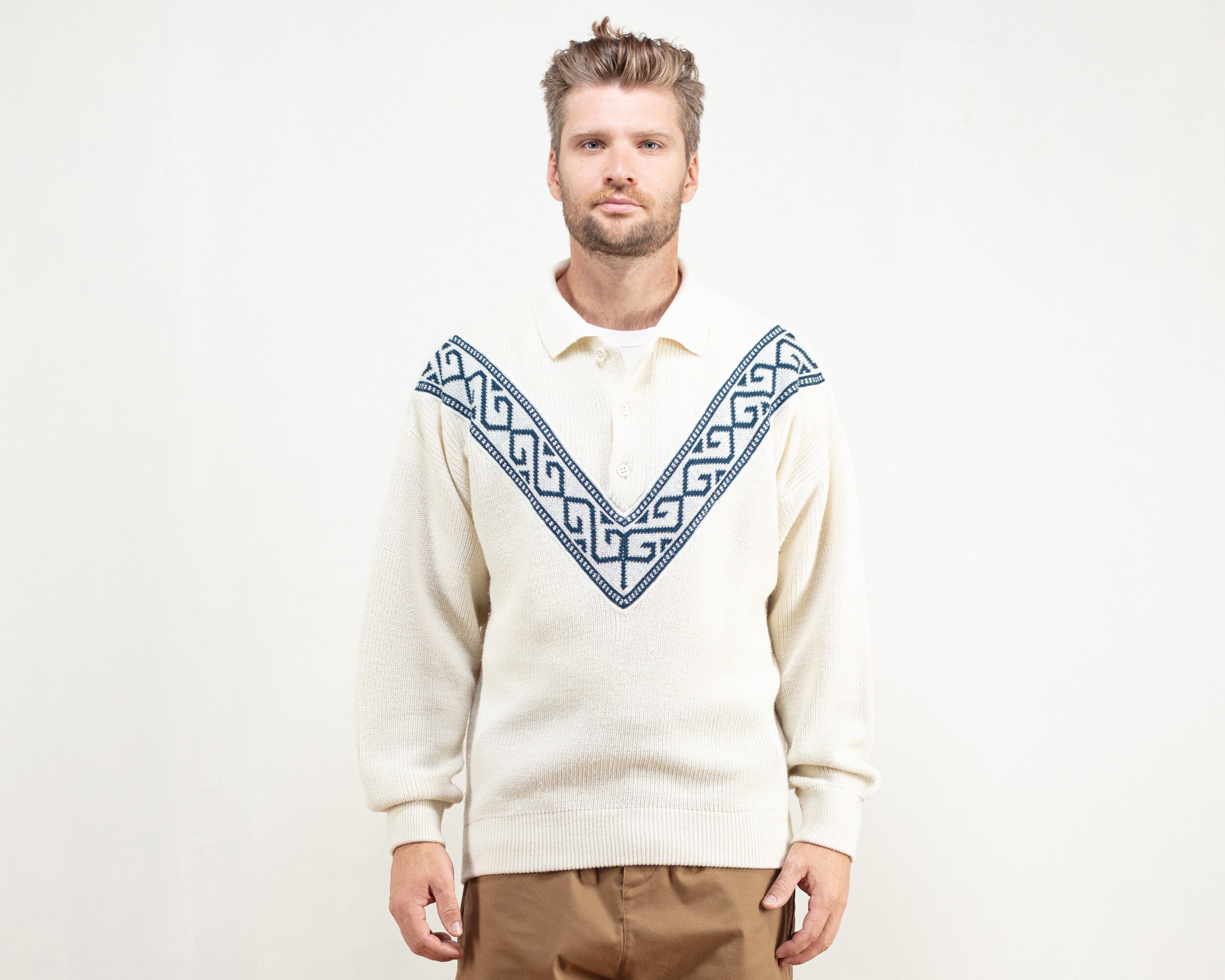 BetaMenswear Beige Italian Sweater Men Jumper Vintage 80s Knit Sweater Retro Pullover Jumper Vintage Clothing Patterned Grandpa Sweater Size Medium