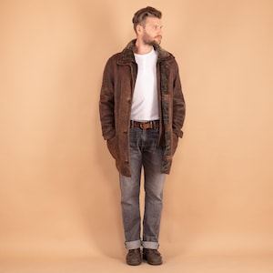 Oversized Sheepskin Coat, Size Large L/Xl, Men Vintage Shearling Coat, Western Coat, Vintage 90s Outerwear, Retro Leather Coat, BetaMenswear