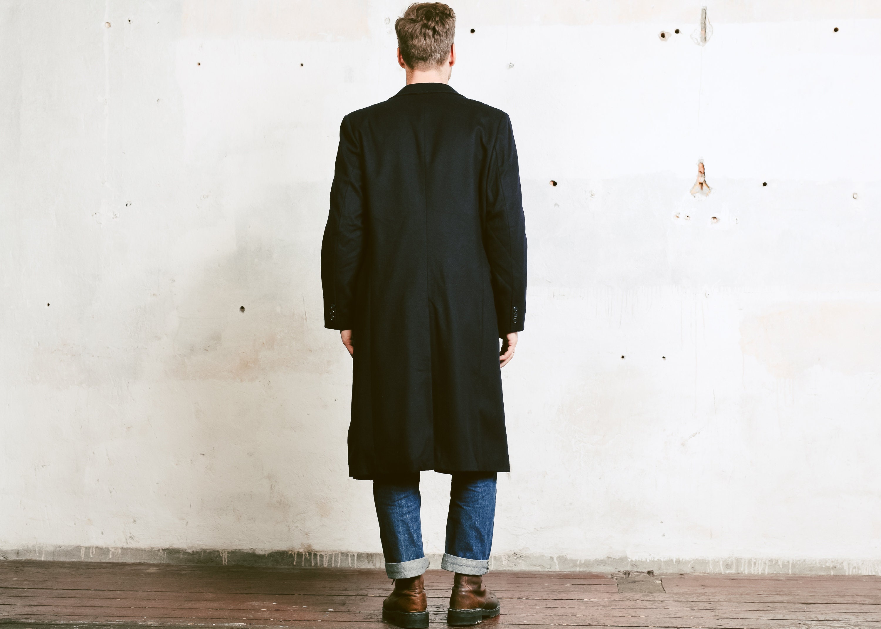 Mens 80s Cashmere Wool Coat . Winter Wool Overcoat Navy Blue Coat ...