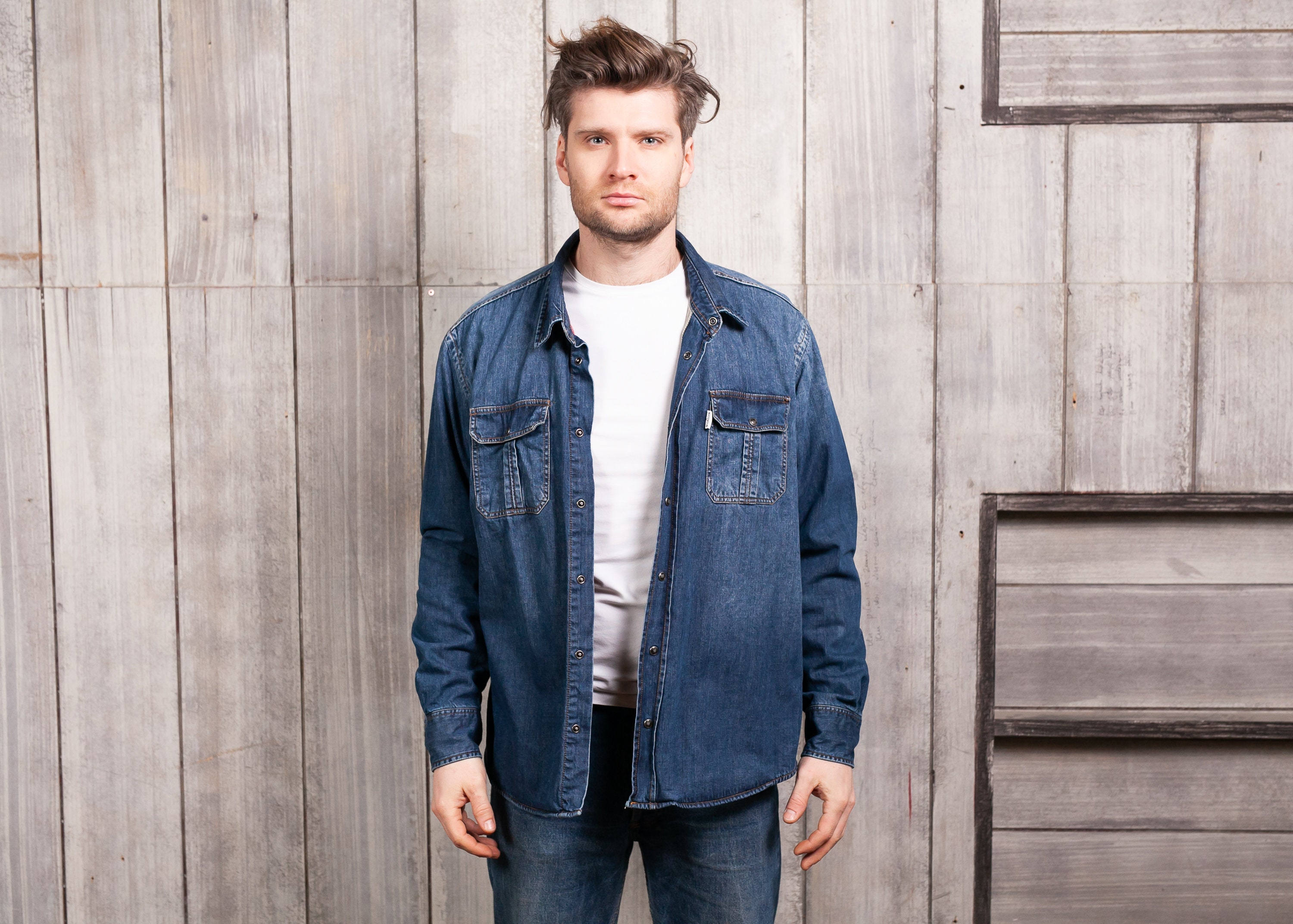 Men Blanked Lined Denim Shirt . Vintage 