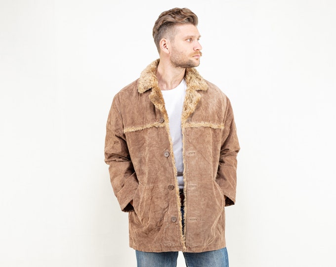 90's Suede Sherpa Coat faux sheepskin 1980's retro coat western coat mens sheepskin coat winter overcoat vintage clothing size large l