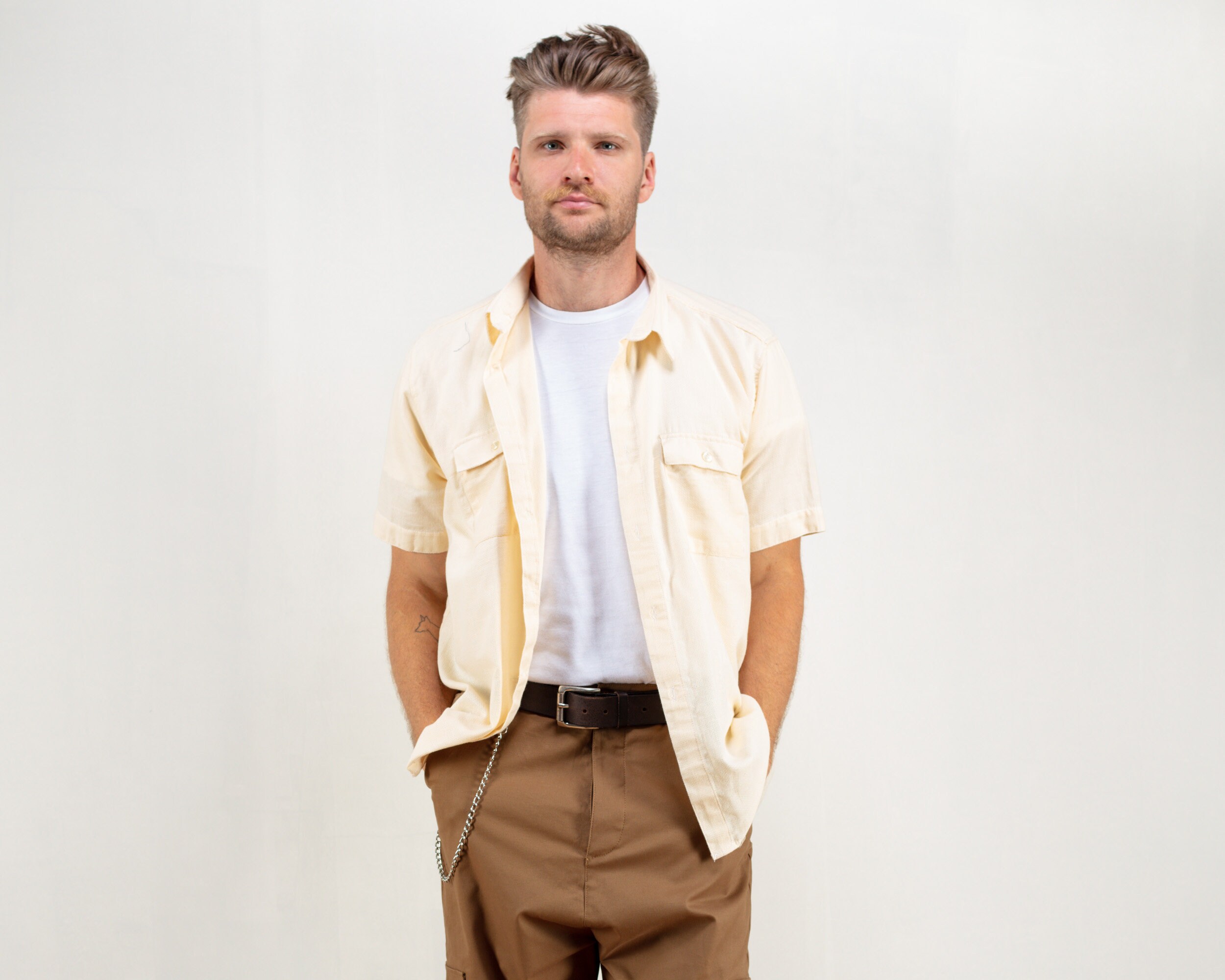 Beige Summer Shirt Vintage Men Shirt 