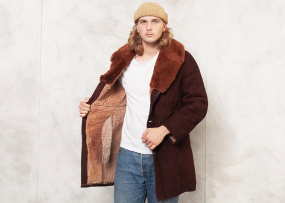 Brown Sheepskin Coat . Men 70's Vintage Coat Shear