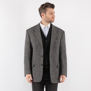 70&#39;s Men&#39;s Gray Harris Tweed Blazer, Men Size L/XL Large Vintage Tweed Jacket, Retro Wool Blazer, Academia Blazer Jacket, Heritage Outerwear