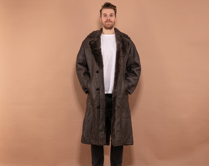 Long Sheepskin Coat 70's, Size L Large, Made in France Brown Vintage Shearling Coat, Winter Clothing, Retro Leather Coat, 70s Men Clothes